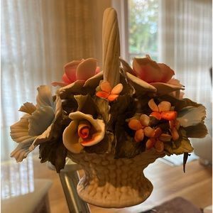 Vintage Capodimonte Porcelain Flower Roses Basket